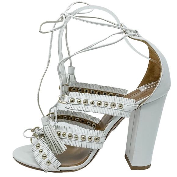 Aquazzura White Tulum Fringed Leather Studded Gladiator Sandal size 37.5 - Picture 1 of 12